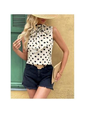 Women's Fashion Dressy Tank Top Polka Dots Bow Sleeveless Business Black & White